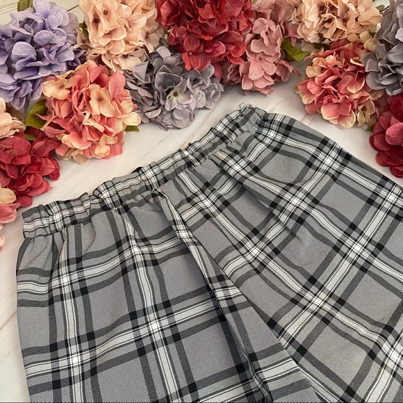 Black Gray and White Plaid Slim Fit Drawstring Trousers - Picture 14 of 16